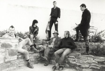 The Violators in the centre of New Mills with their worldly manager, Harry. From left to right: Cess, Helen, Matchi, (Harry), Ajax & Coley